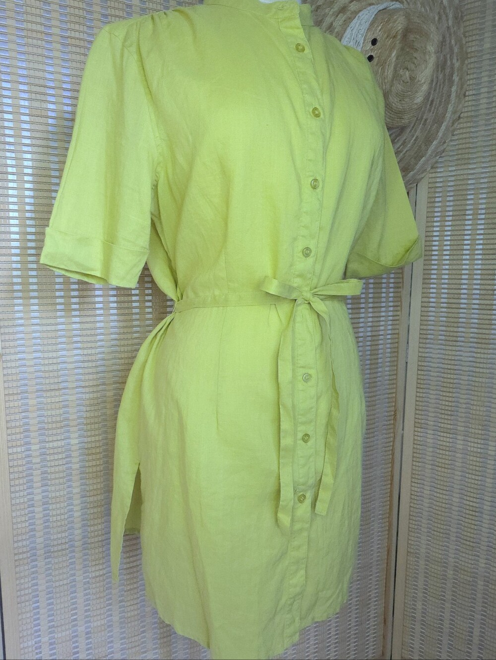 Chartreuse Green Button-down Tie-waist tunic style shirt / shirtdress size S/M - Picture 9 of 9
